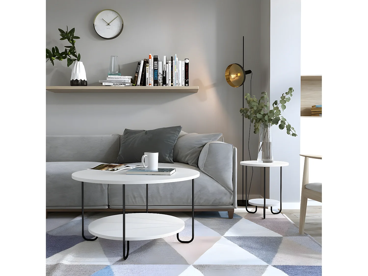 Table basse avec 2 plateaux et pieds en métal, Diam 80 cm - CORRO