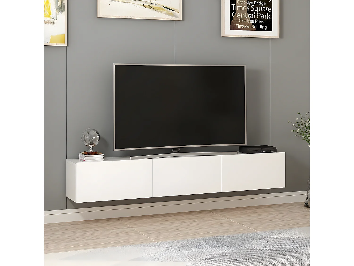 Móvel de TV elegante – 180 cm x 30 cm x 32 cm – Branco – Painel de partículas revestido a melamina
