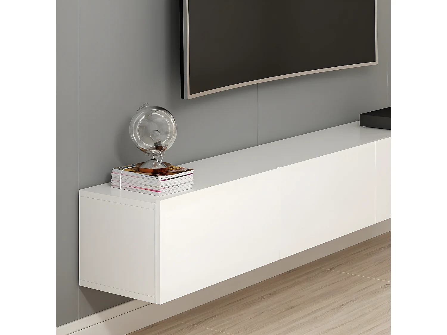 Móvel de TV elegante – 180 cm x 30 cm x 32 cm – Branco – Painel de partículas revestido a melamina