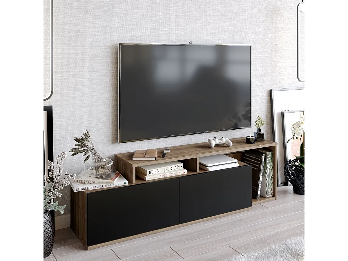 Móvel de TV – 149,8 x 42,9 x 35,3 cm – Nogueira e Preto – 100% painel de partículas revestido em melamina