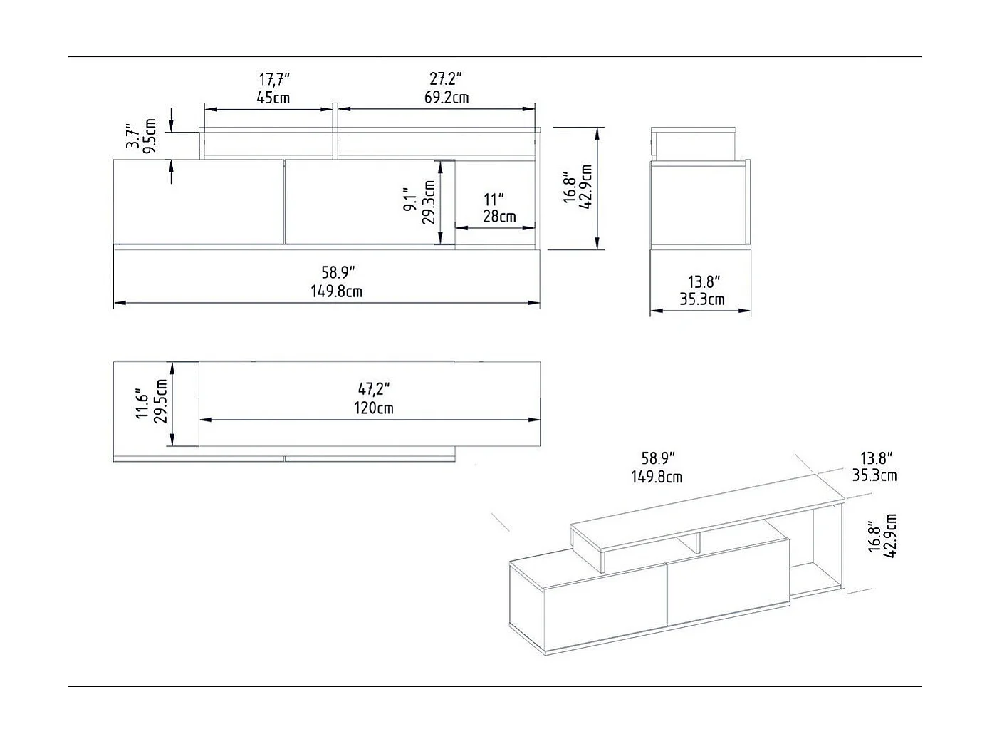 Móvel de TV – 149,8 x 42,9 x 35,3 cm – Nogueira e Preto – 100% painel de partículas revestido em melamina