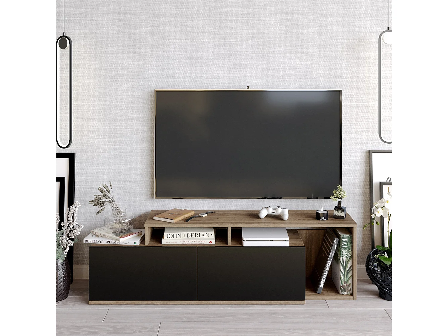 Móvel de TV – 149,8 x 42,9 x 35,3 cm – Nogueira e Preto – 100% painel de partículas revestido em melamina