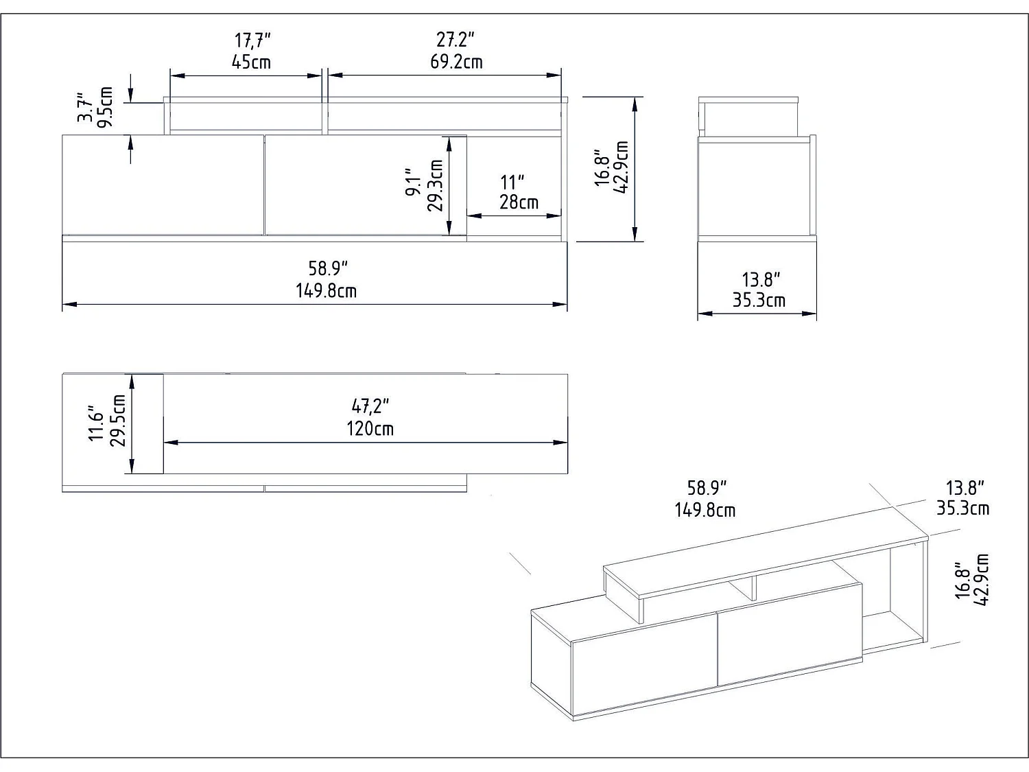 Móvel de TV – 149,8 x 42,9 x 35,3 cm – Nogueira e Preto – 100% painel de partículas revestido em melamina