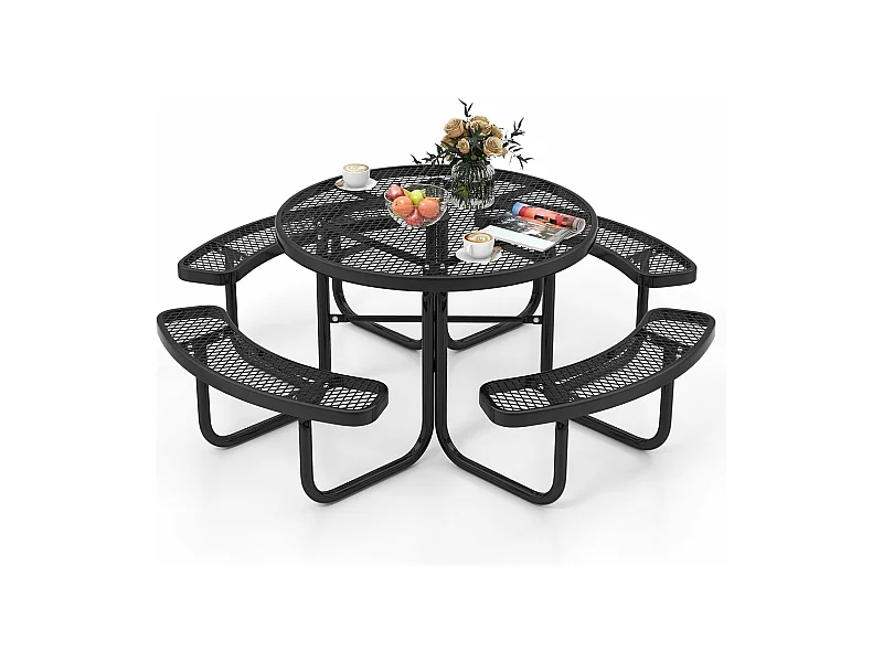 Ensemble Table de Pique-Nique Ronde avec 4 Bancs Intégrés pour 8 Personnes, Table de Caming en Métal avec Sièges et Trou pour Parasol, 202 x 75 cm, Noir