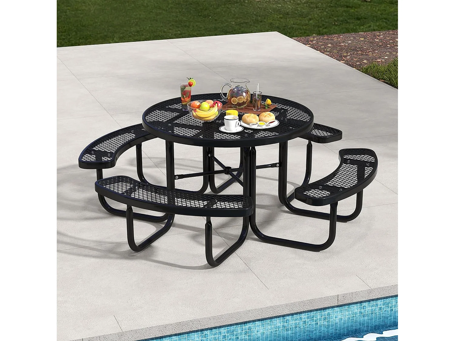 Ensemble Table de Pique-Nique Ronde avec 4 Bancs Intégrés pour 8 Personnes, Table de Caming en Métal avec Sièges et Trou pour Parasol, 202 x 75 cm, Noir