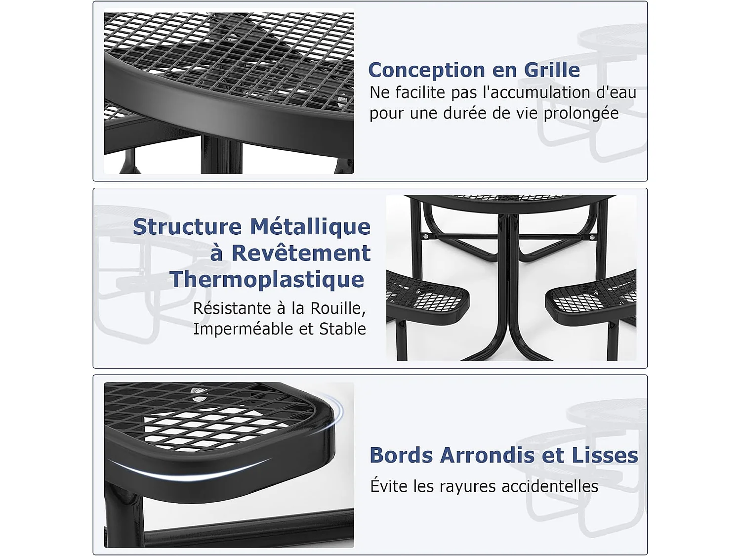 Ensemble Table de Pique-Nique Ronde avec 4 Bancs Intégrés pour 8 Personnes, Table de Caming en Métal avec Sièges et Trou pour Parasol, 202 x 75 cm, Noir