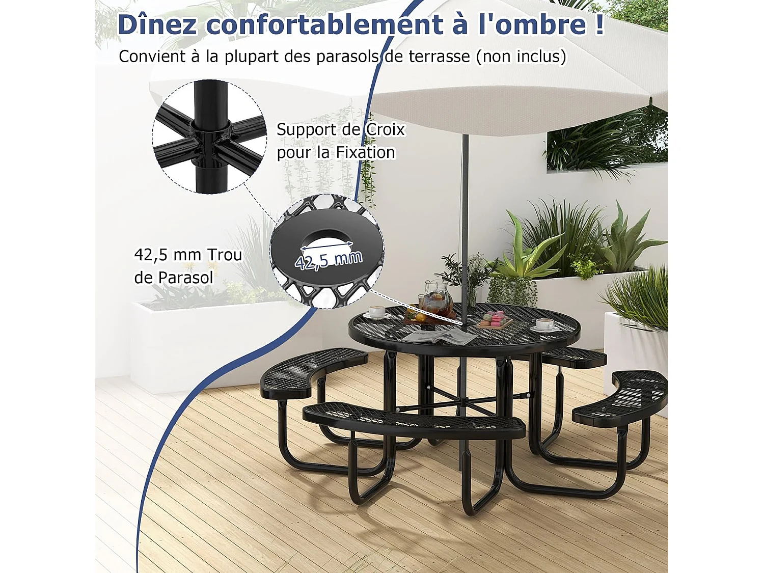 Ensemble Table de Pique-Nique Ronde avec 4 Bancs Intégrés pour 8 Personnes, Table de Caming en Métal avec Sièges et Trou pour Parasol, 202 x 75 cm, Noir