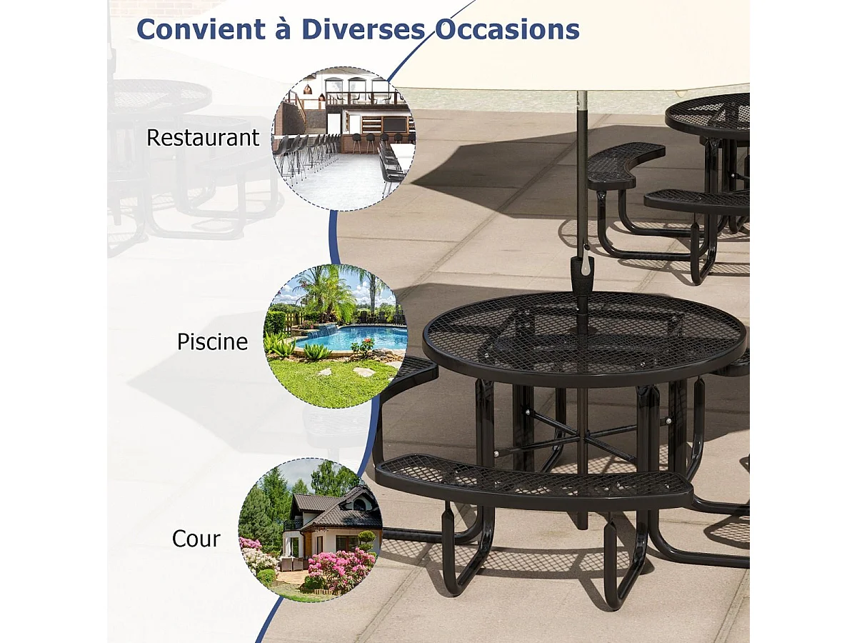Ensemble Table de Pique-Nique Ronde avec 4 Bancs Intégrés pour 8 Personnes, Table de Caming en Métal avec Sièges et Trou pour Parasol, 202 x 75 cm, Noir