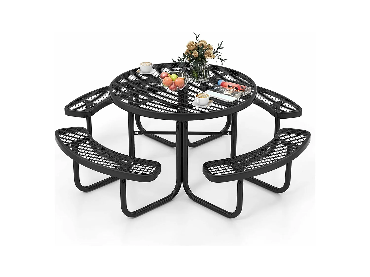 Ensemble Table de Pique-Nique Ronde avec 4 Bancs Intégrés pour 8 Personnes, Table de Caming en Métal avec Sièges et Trou pour Parasol, 202 x 75 cm, Noir