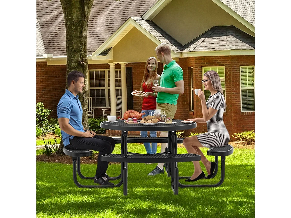 Ensemble Table de Pique-Nique Ronde avec 4 Bancs Intégrés pour 8 Personnes, Table de Caming en Métal avec Sièges et Trou pour Parasol, 202 x 75 cm, Noir