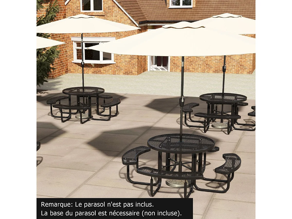 Ensemble Table de Pique-Nique Ronde avec 4 Bancs Intégrés pour 8 Personnes, Table de Caming en Métal avec Sièges et Trou pour Parasol, 202 x 75 cm, Noir