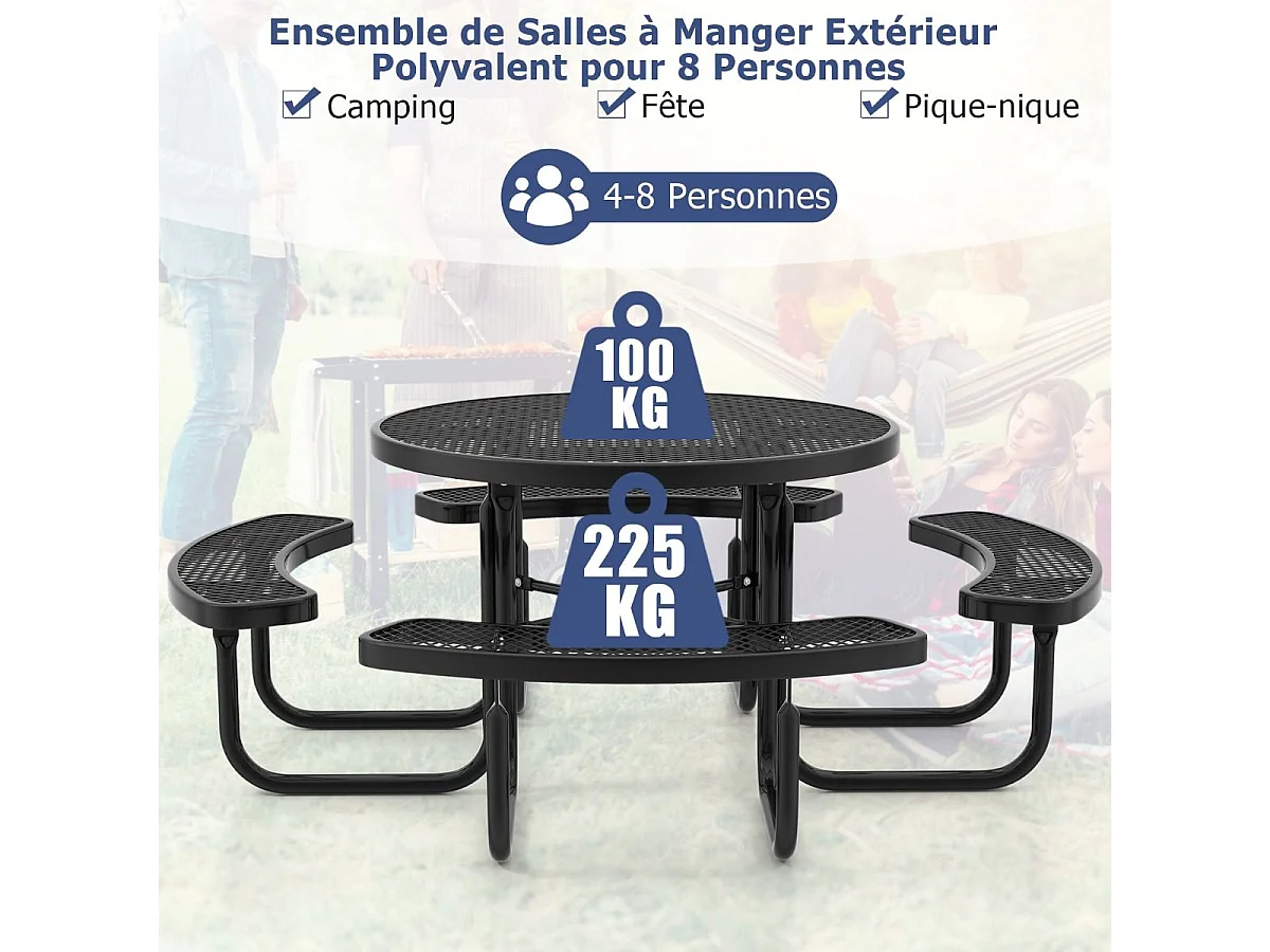 Ensemble Table de Pique-Nique Ronde avec 4 Bancs Intégrés pour 8 Personnes, Table de Caming en Métal avec Sièges et Trou pour Parasol, 202 x 75 cm, Noir