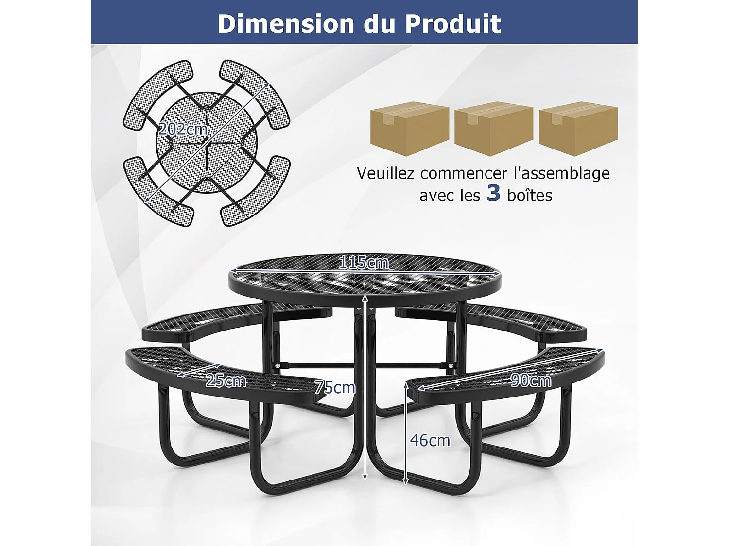 Ensemble Table de Pique-Nique Ronde avec 4 Bancs Intégrés pour 8 Personnes, Table de Caming en Métal avec Sièges et Trou pour Parasol, 202 x 75 cm, Noir