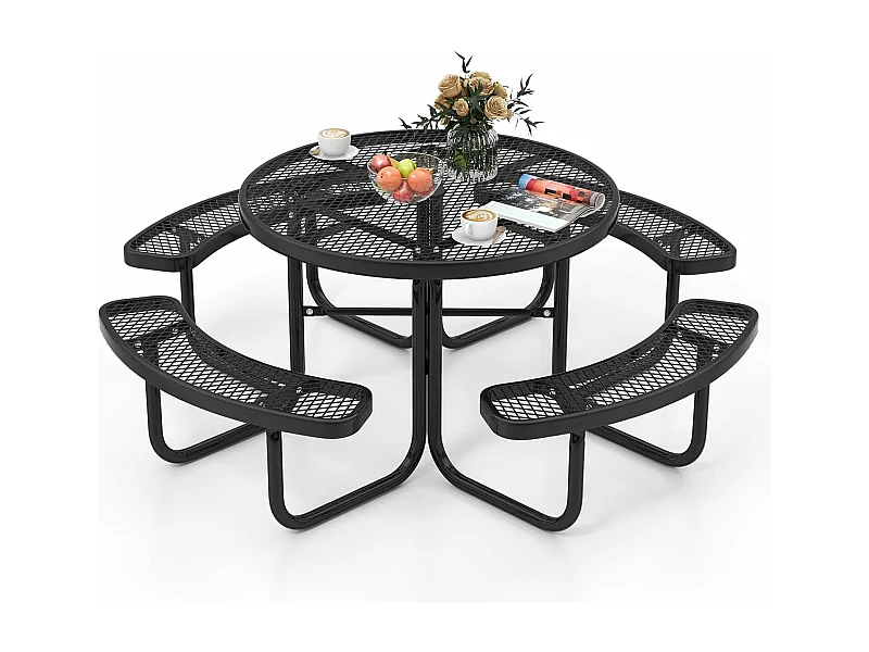 Ronde picknicktafelset met 4 ingebouwde banken voor 8 personen, metalen kampeertafel met stoelen en parasolgat, voor tuinzwembad, 202 x 75 cm, zwart