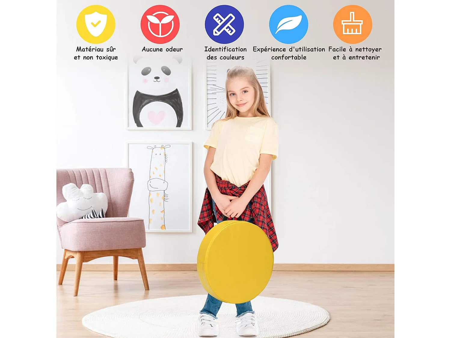 Lot de 6 Coussins de Chaise pour Enfant avec Poignées Coussins D'assise Rond φ38 x 8CM Multicolores avec Fermeture Éclair