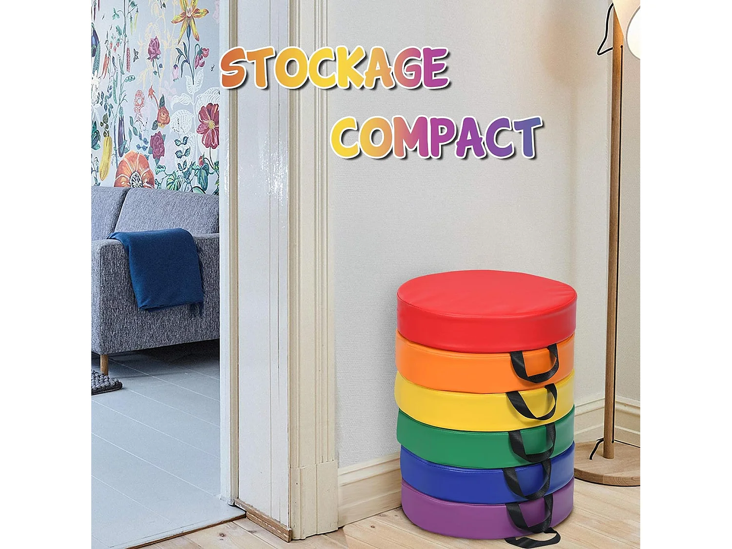 Lot de 6 Coussins de Chaise pour Enfant avec Poignées Coussins D'assise Rond φ38 x 8CM Multicolores avec Fermeture Éclair