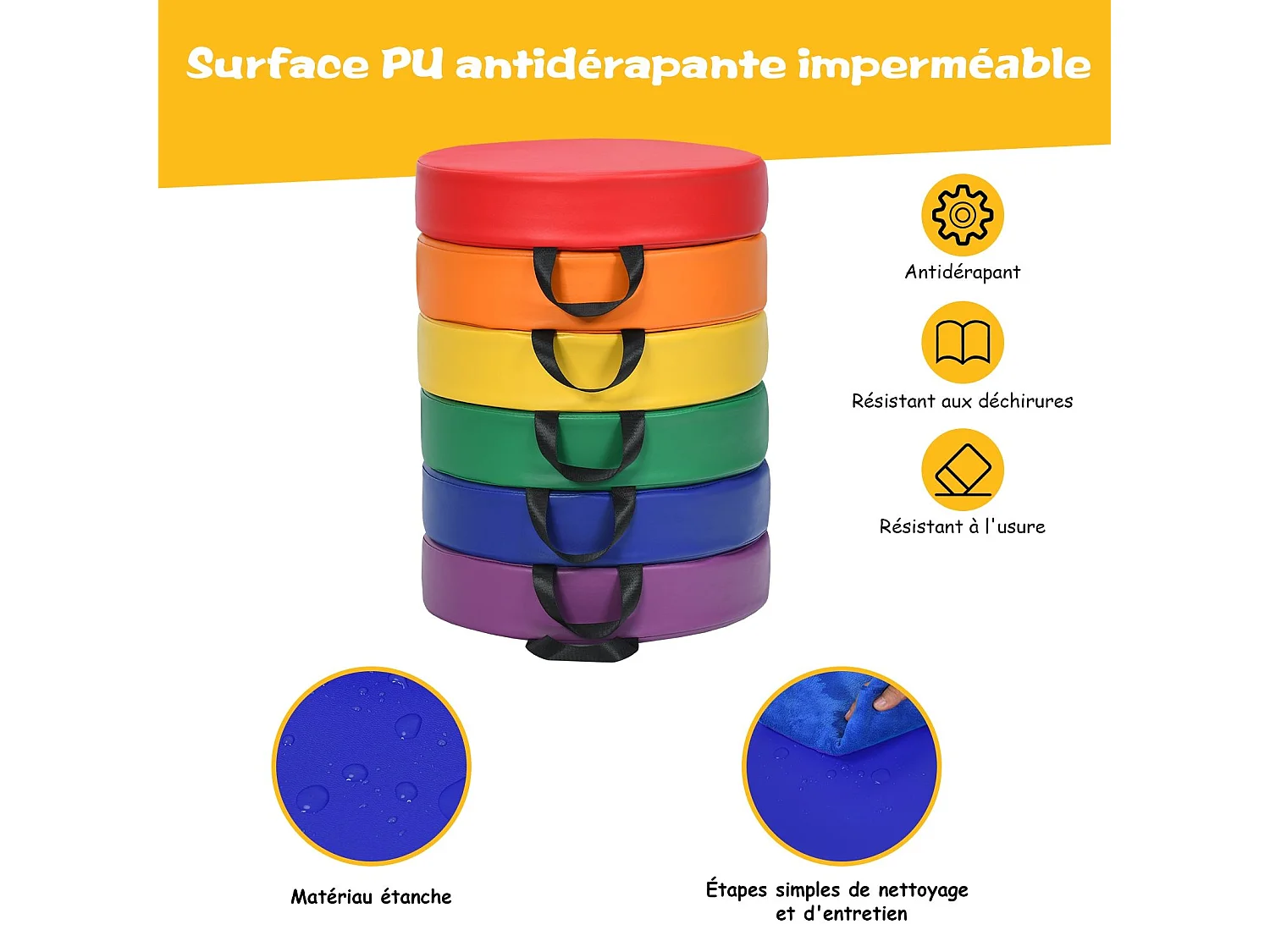 Lot de 6 Coussins de Chaise pour Enfant avec Poignées Coussins D'assise Rond φ38 x 8CM Multicolores avec Fermeture Éclair