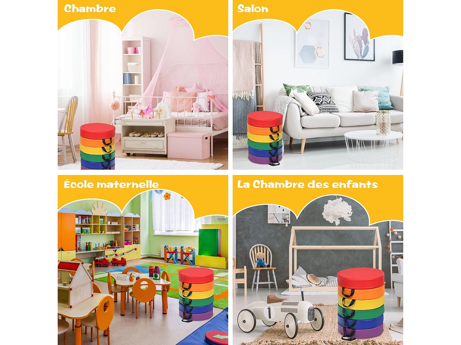 Lot de 6 Coussins de Chaise pour Enfant avec Poignées Coussins D'assise Rond φ38 x 8CM Multicolores avec Fermeture Éclair