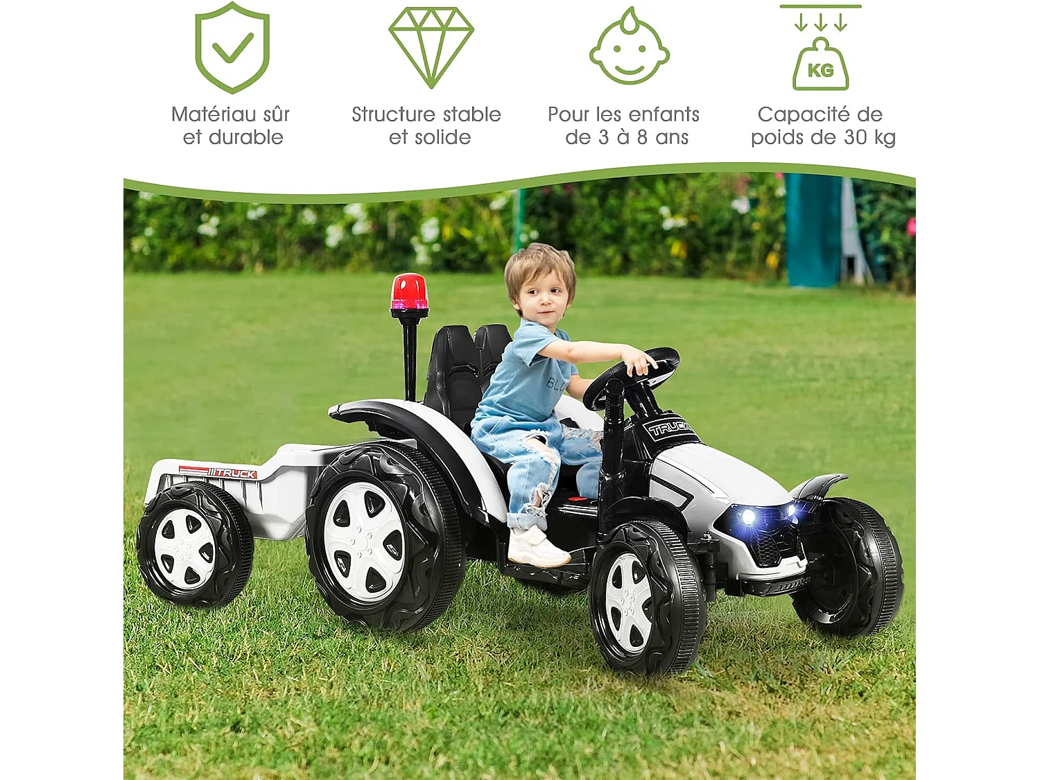 Tracteur Electrique avec Télécommande 2.4G,12V 7AH, Vitesse : 3-8 km/h , MP3, Port USB pour Enfants de 3 à 8 Ans Blanc