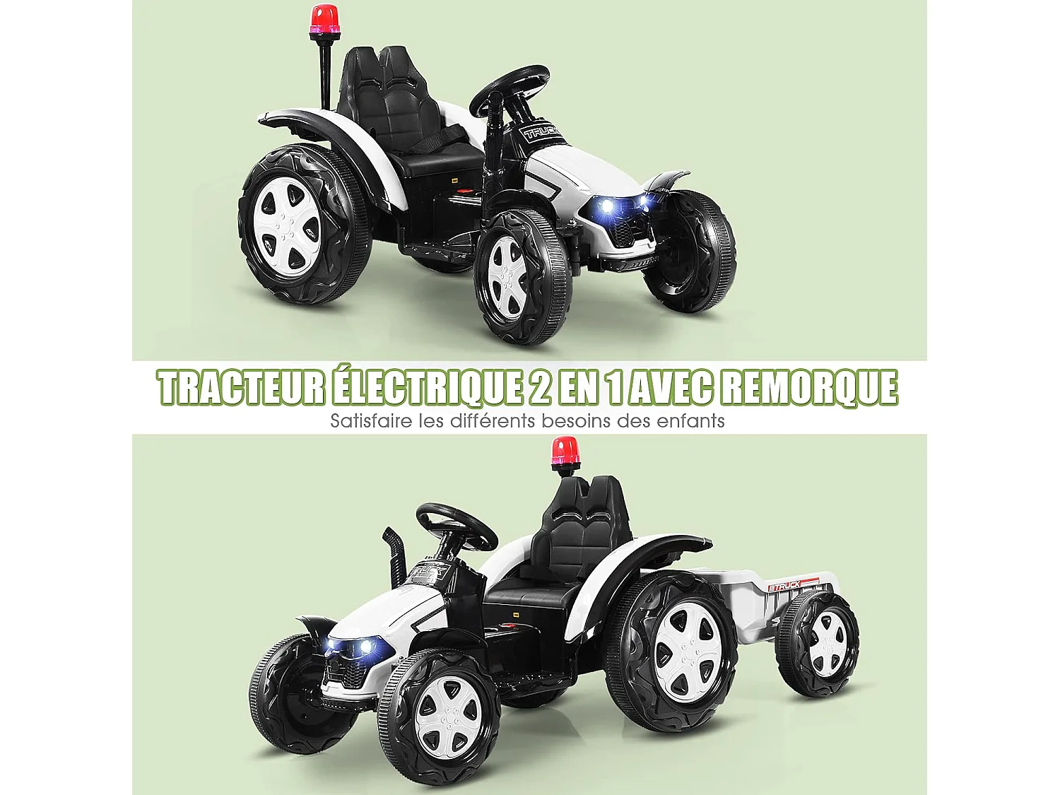 Tracteur Electrique avec Télécommande 2.4G,12V 7AH, Vitesse : 3-8 km/h , MP3, Port USB pour Enfants de 3 à 8 Ans Blanc