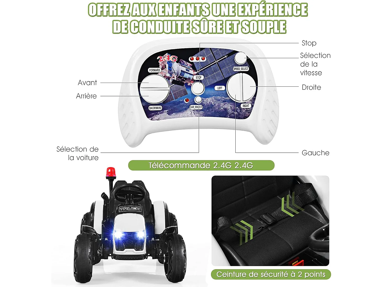 Tracteur Electrique avec Télécommande 2.4G,12V 7AH, Vitesse : 3-8 km/h , MP3, Port USB pour Enfants de 3 à 8 Ans Blanc