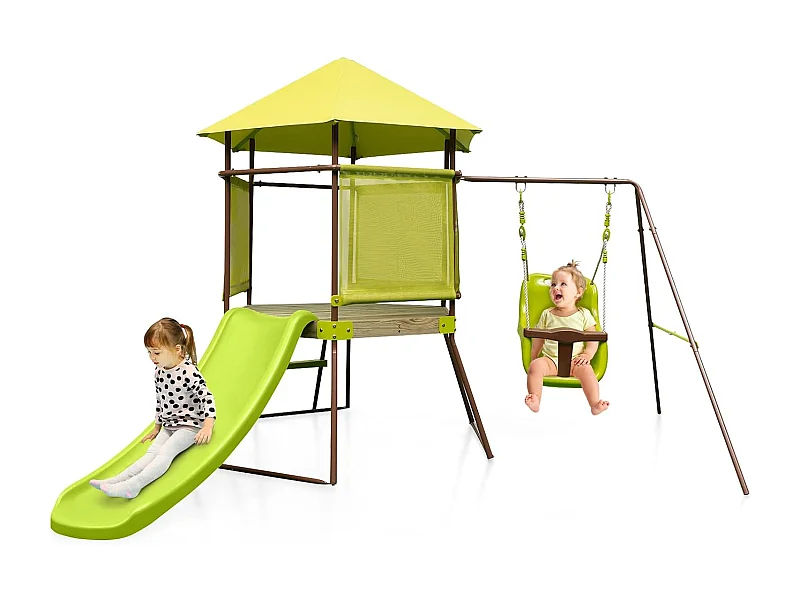 4 en 1 Aire de Jeux Portique en Bois avec Toboggan & Siège Réglable, Tour d'escalade Enfants avec Cabane Couverte & Échelle, Cadre en Métal pour Jardin pour 3-7 Ans
