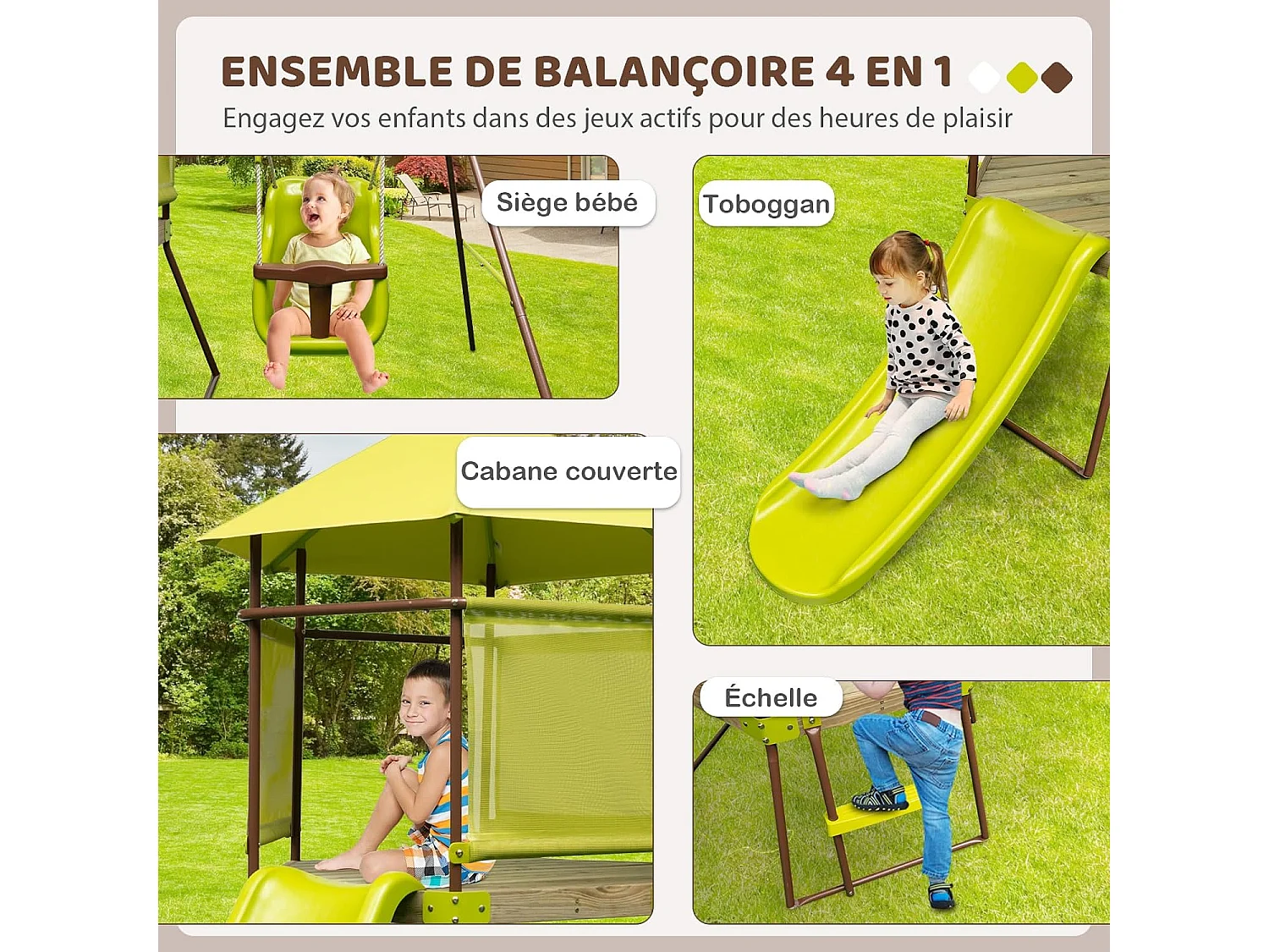 4 en 1 Aire de Jeux Portique en Bois avec Toboggan & Siège Réglable, Tour d'escalade Enfants avec Cabane Couverte & Échelle, Cadre en Métal pour Jardin pour 3-7 Ans