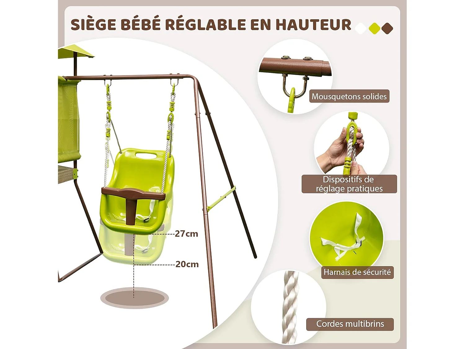 4 en 1 Aire de Jeux Portique en Bois avec Toboggan & Siège Réglable, Tour d'escalade Enfants avec Cabane Couverte & Échelle, Cadre en Métal pour Jardin pour 3-7 Ans