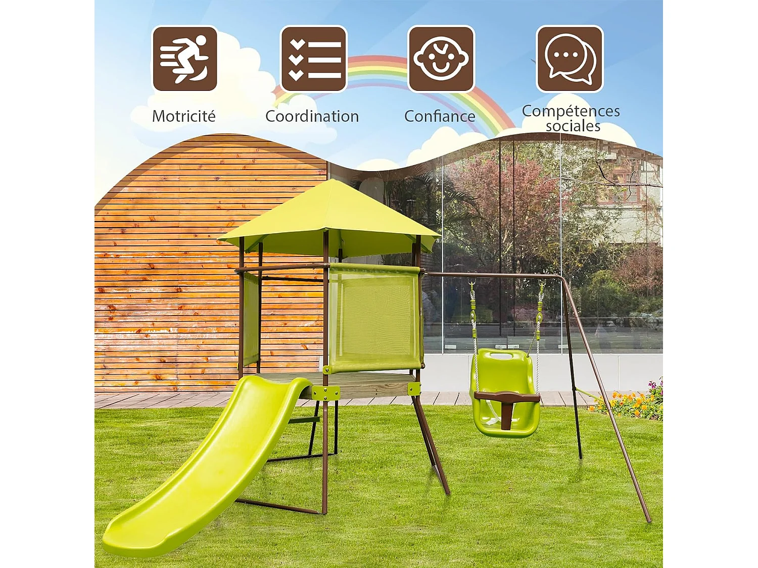 4 en 1 Aire de Jeux Portique en Bois avec Toboggan & Siège Réglable, Tour d'escalade Enfants avec Cabane Couverte & Échelle, Cadre en Métal pour Jardin pour 3-7 Ans