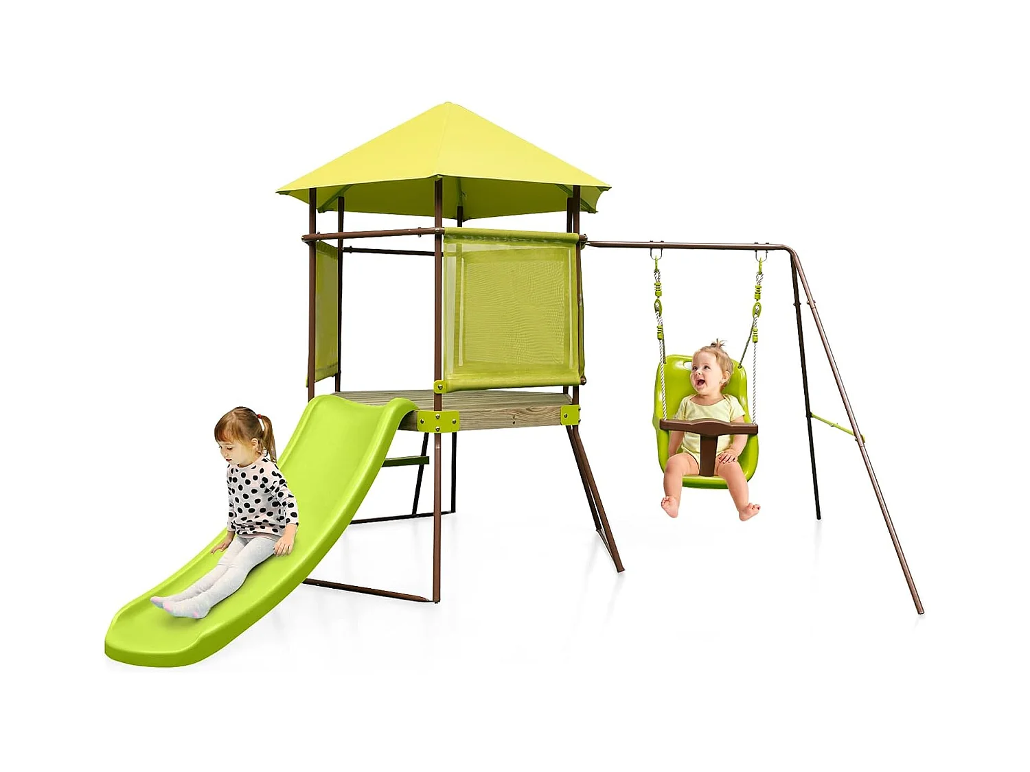 4 en 1 Aire de Jeux Portique en Bois avec Toboggan & Siège Réglable, Tour d'escalade Enfants avec Cabane Couverte & Échelle, Cadre en Métal pour Jardin pour 3-7 Ans