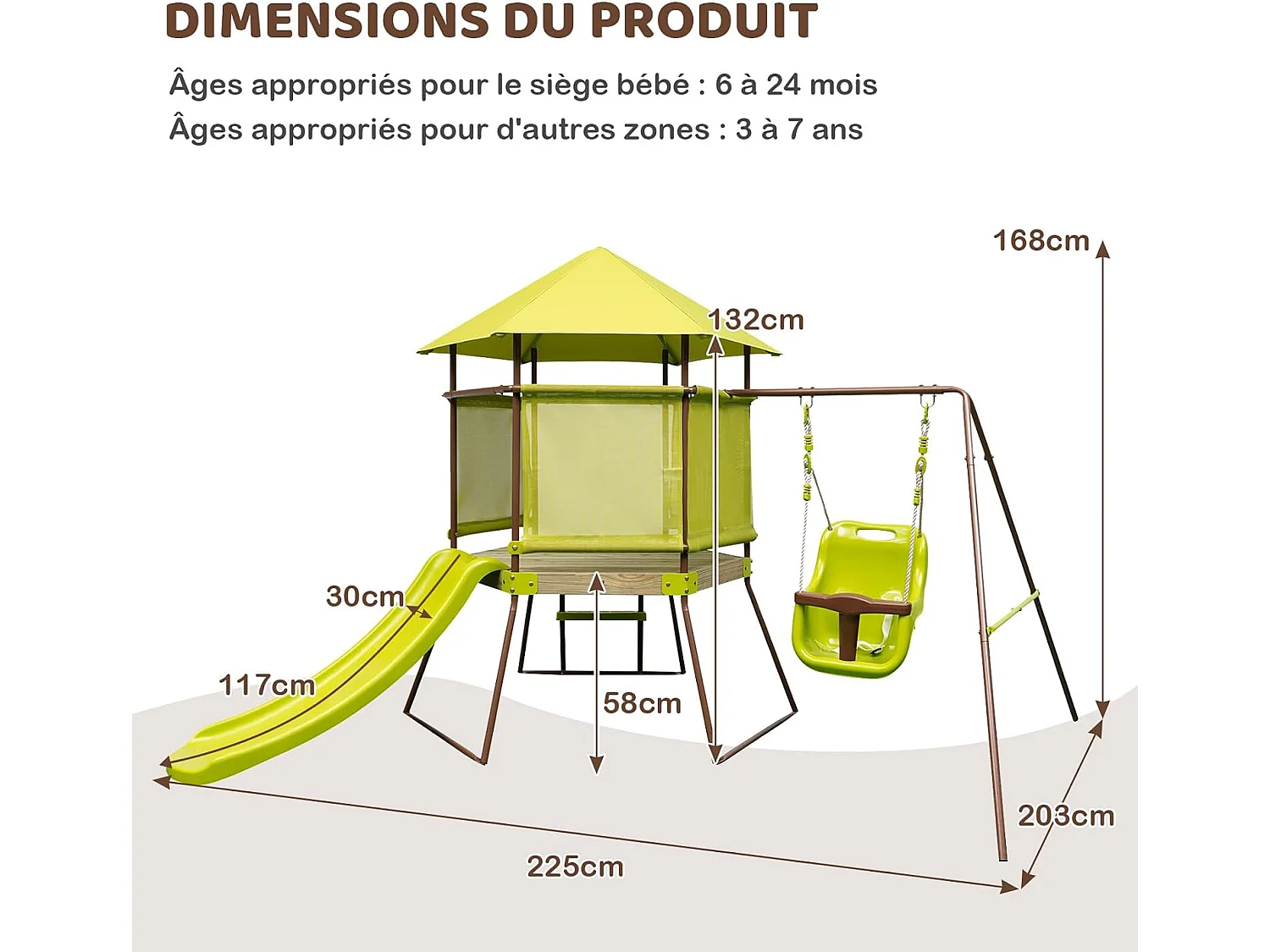4 en 1 Aire de Jeux Portique en Bois avec Toboggan & Siège Réglable, Tour d'escalade Enfants avec Cabane Couverte & Échelle, Cadre en Métal pour Jardin pour 3-7 Ans
