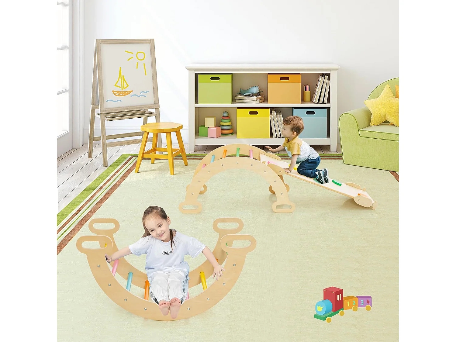 7 en 1 Triangle d'escalade, Montessori Enfants avec Rampe Réversible, Arc d'escalade ou Bascule en Bois de Hêtre, Charge Max 50KG pour Glisser ou Grimper pour Bébé de 1 an+, Multicolore