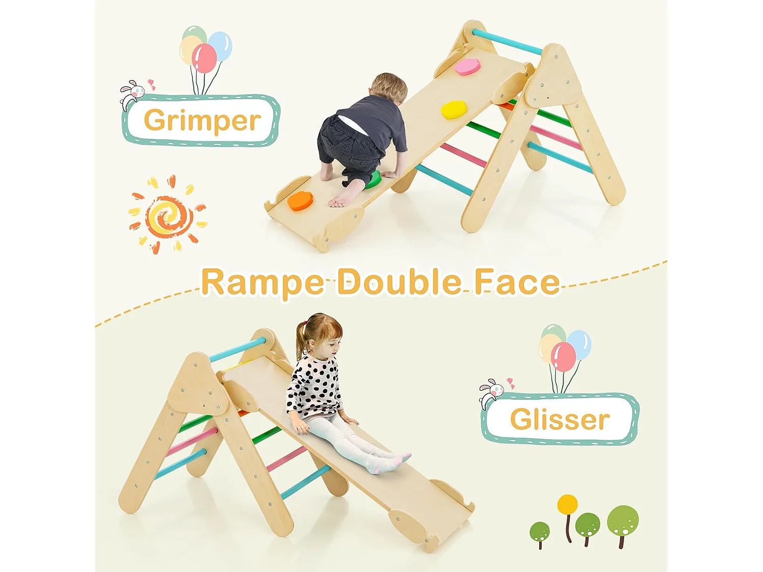 7 en 1 Triangle d'escalade, Montessori Enfants avec Rampe Réversible, Arc d'escalade ou Bascule en Bois de Hêtre, Charge Max 50KG pour Glisser ou Grimper pour Bébé de 1 an+, Multicolore