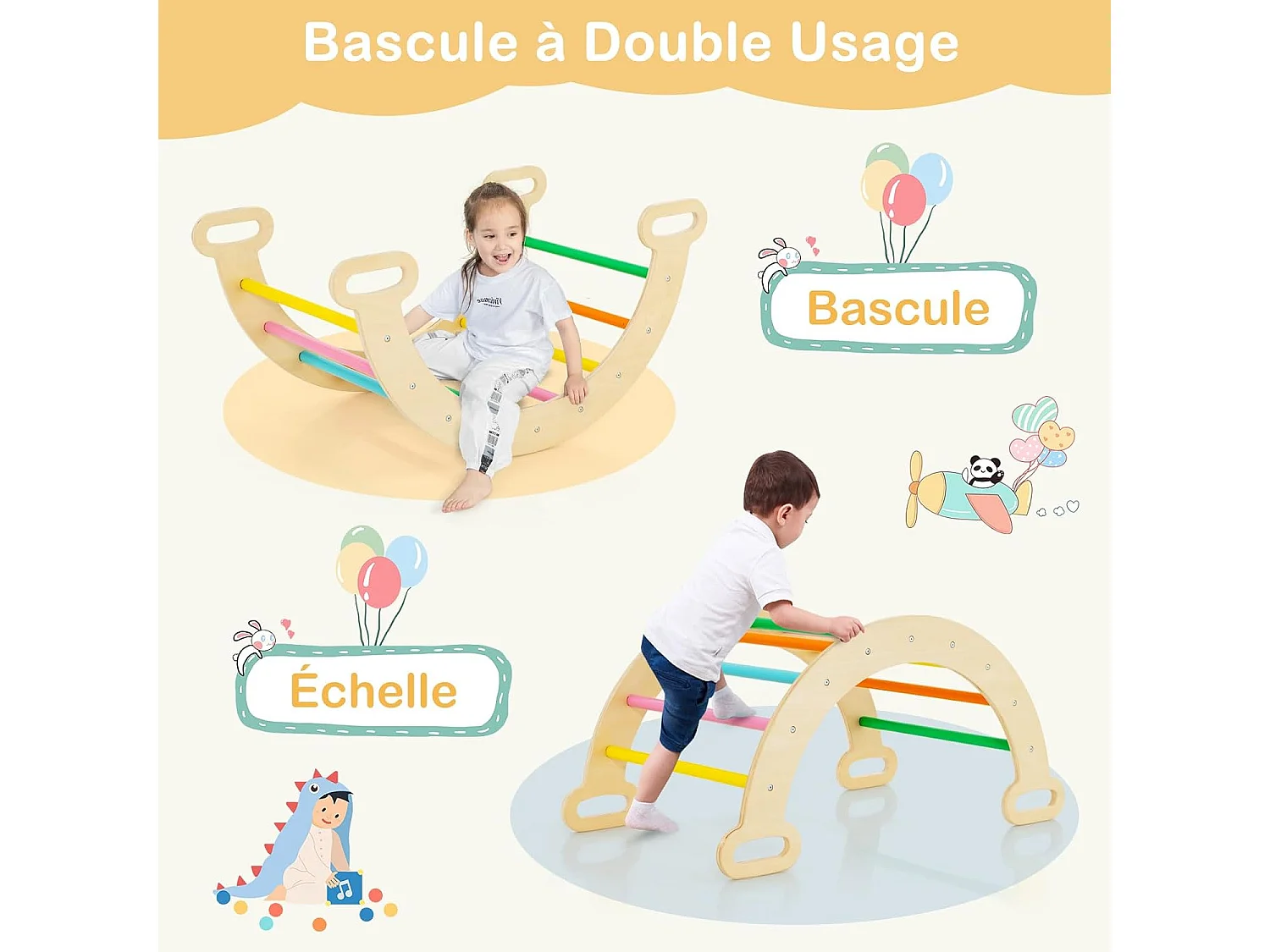 7 en 1 Triangle d'escalade, Montessori Enfants avec Rampe Réversible, Arc d'escalade ou Bascule en Bois de Hêtre, Charge Max 50KG pour Glisser ou Grimper pour Bébé de 1 an+, Multicolore