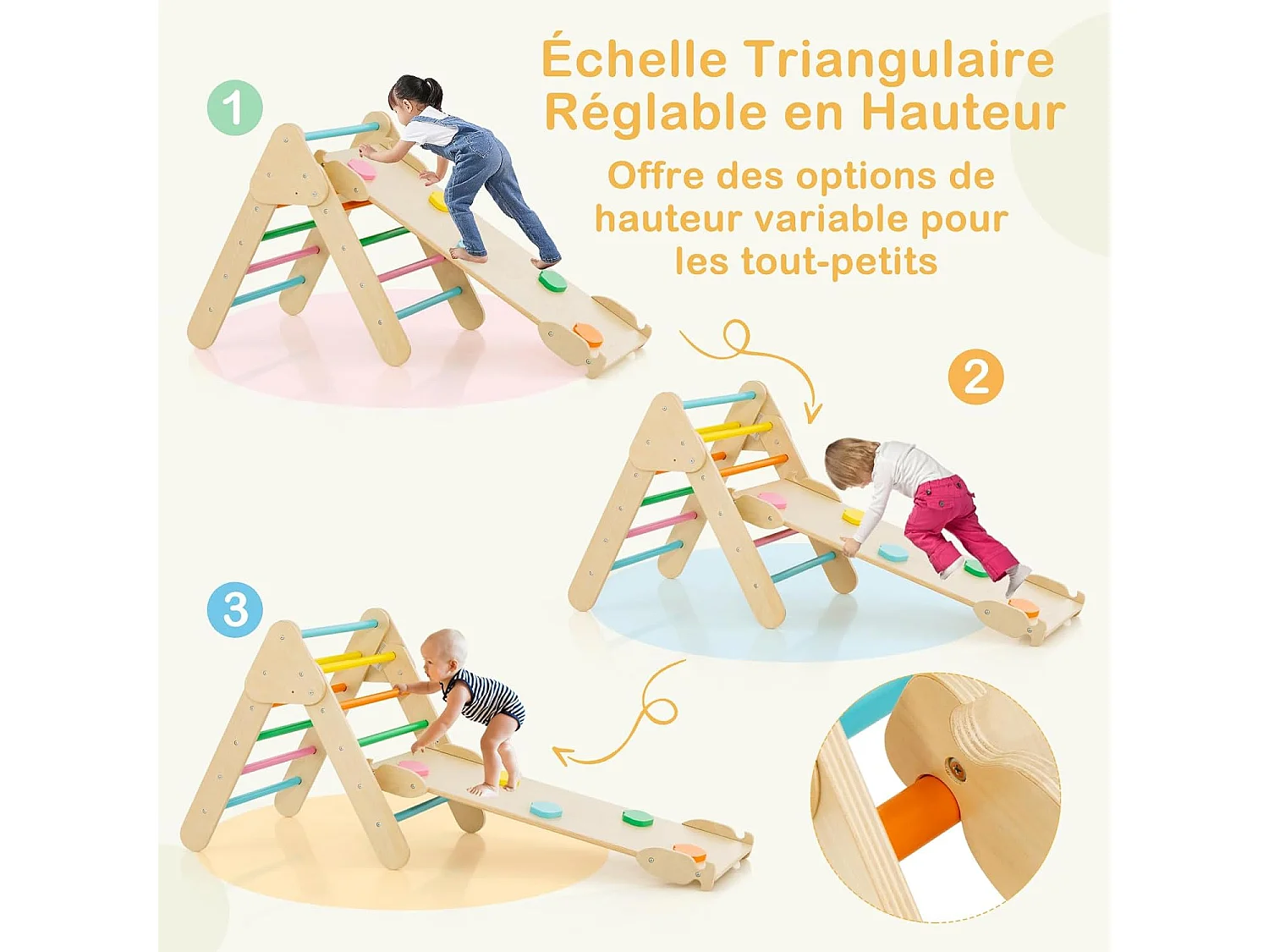 7 en 1 Triangle d'escalade, Montessori Enfants avec Rampe Réversible, Arc d'escalade ou Bascule en Bois de Hêtre, Charge Max 50KG pour Glisser ou Grimper pour Bébé de 1 an+, Multicolore