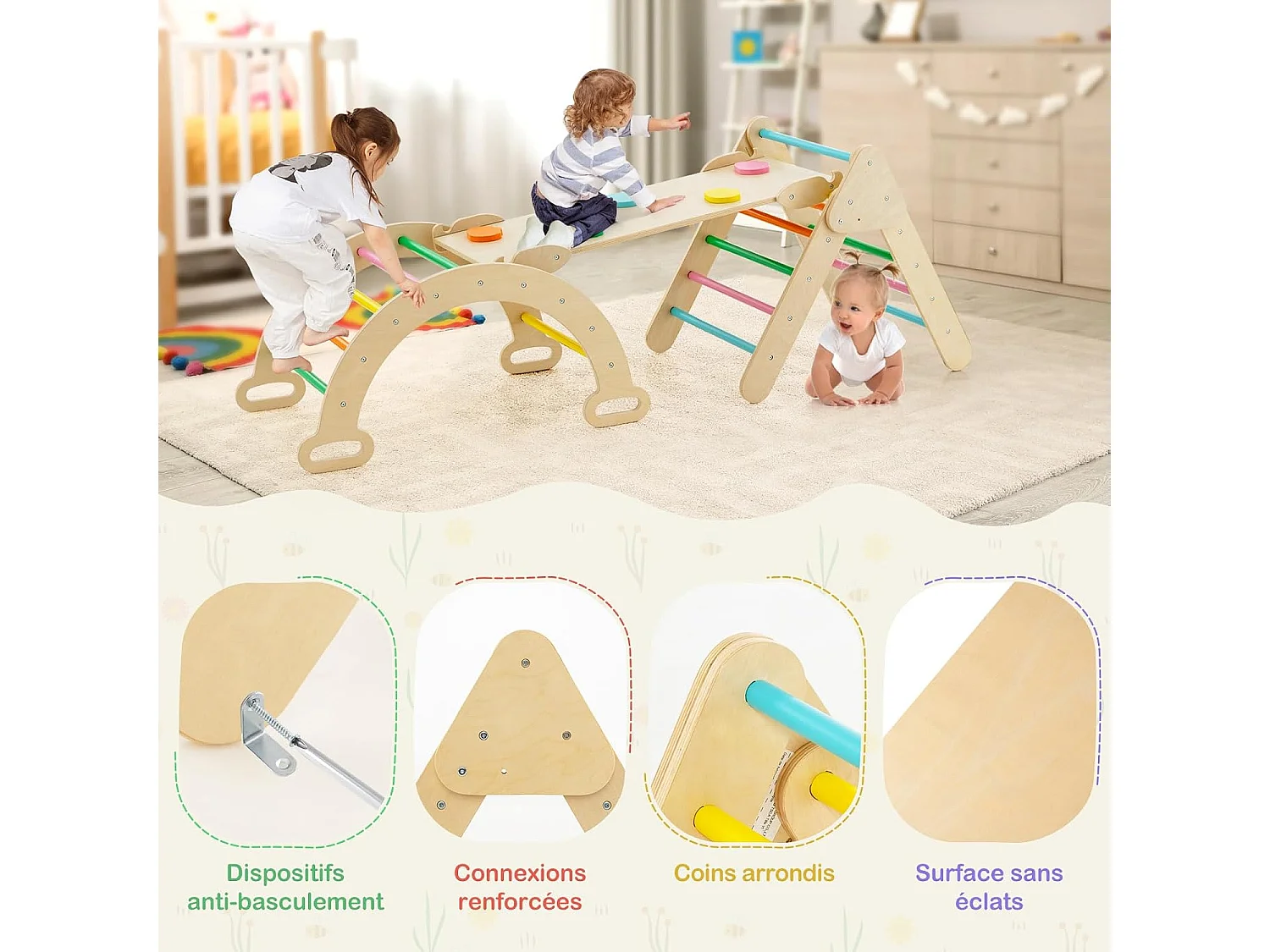7 en 1 Triangle d'escalade, Montessori Enfants avec Rampe Réversible, Arc d'escalade ou Bascule en Bois de Hêtre, Charge Max 50KG pour Glisser ou Grimper pour Bébé de 1 an+, Multicolore