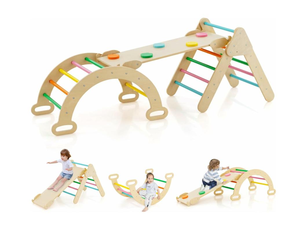 7 en 1 Triangle d'escalade, Montessori Enfants avec Rampe Réversible, Arc d'escalade ou Bascule en Bois de Hêtre, Charge Max 50KG pour Glisser ou Grimper pour Bébé de 1 an+, Multicolore