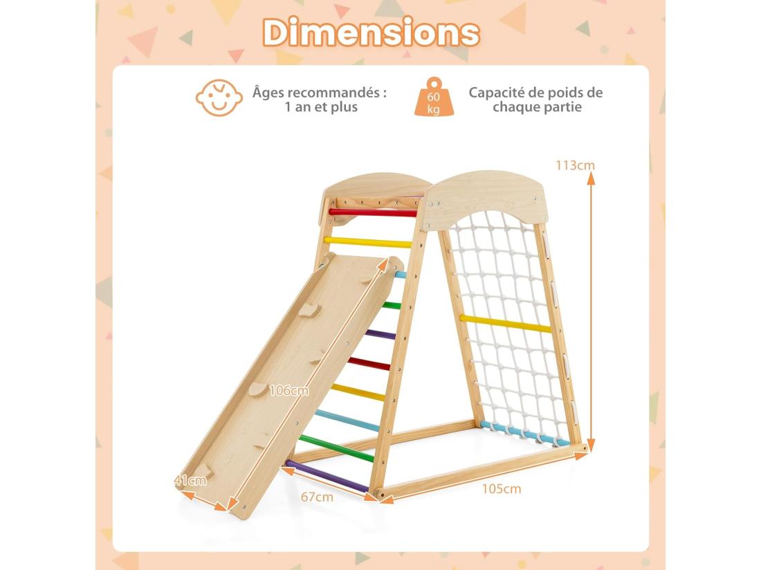 vente unique 6 en 1 Triangle d'escalade en Bois Enfants avec Rampe Double Face Aire de Jeu d’Escalade Intérieur avec Inclinaison Réglable Filet et Echelle pour Grimper & Glisser pour 1 an+ (Multicolore)