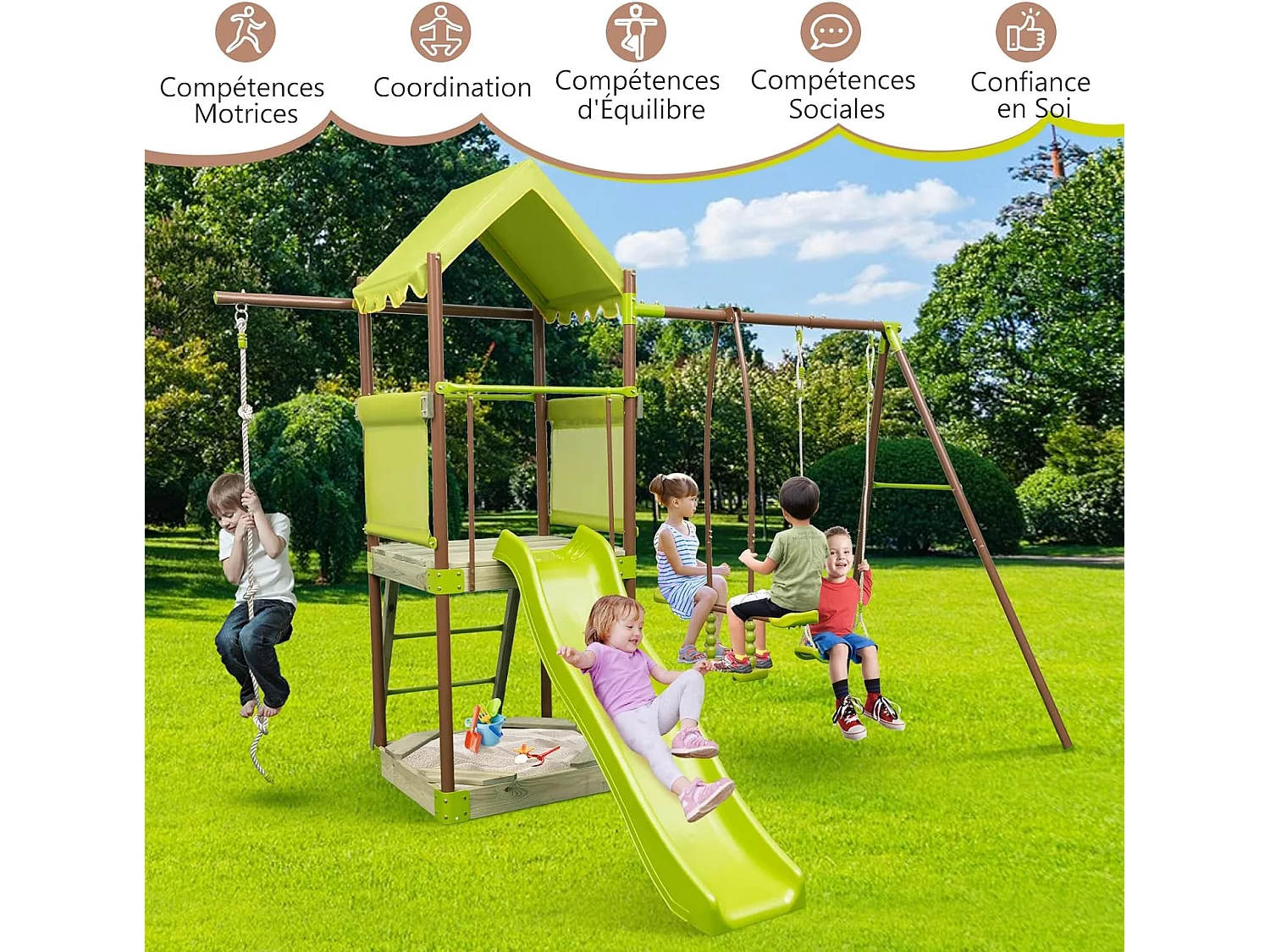 7-in-1 houten schommelspeeltuin met glijbaan en verstelbare schommel, klimtoren met overdekte cabine, ladder en zandbak, metalen frame voor tuin voor kinderen van 3 tot 12 jaar