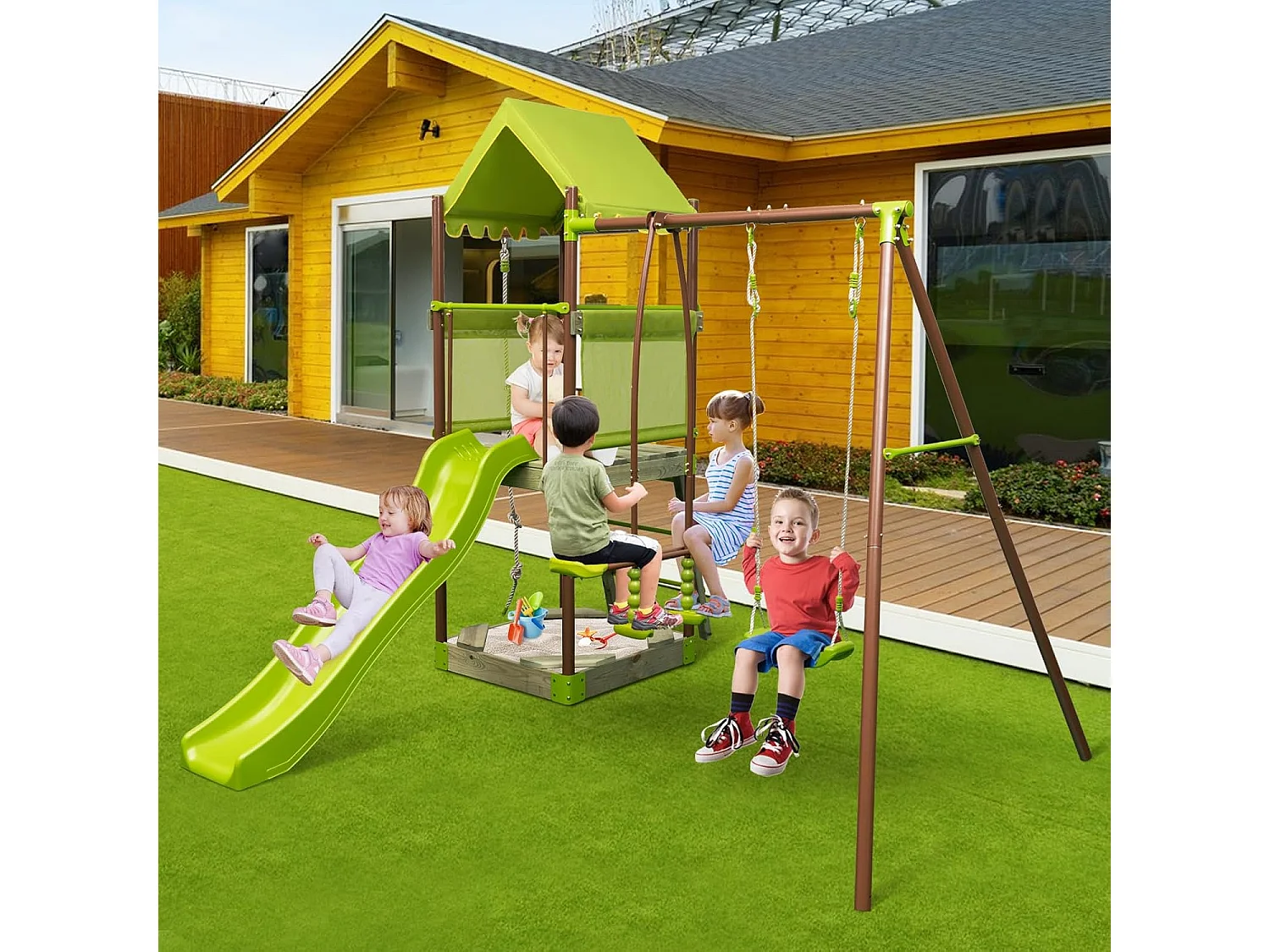 7-in-1 houten schommelspeeltuin met glijbaan en verstelbare schommel, klimtoren met overdekte cabine, ladder en zandbak, metalen frame voor tuin voor kinderen van 3 tot 12 jaar