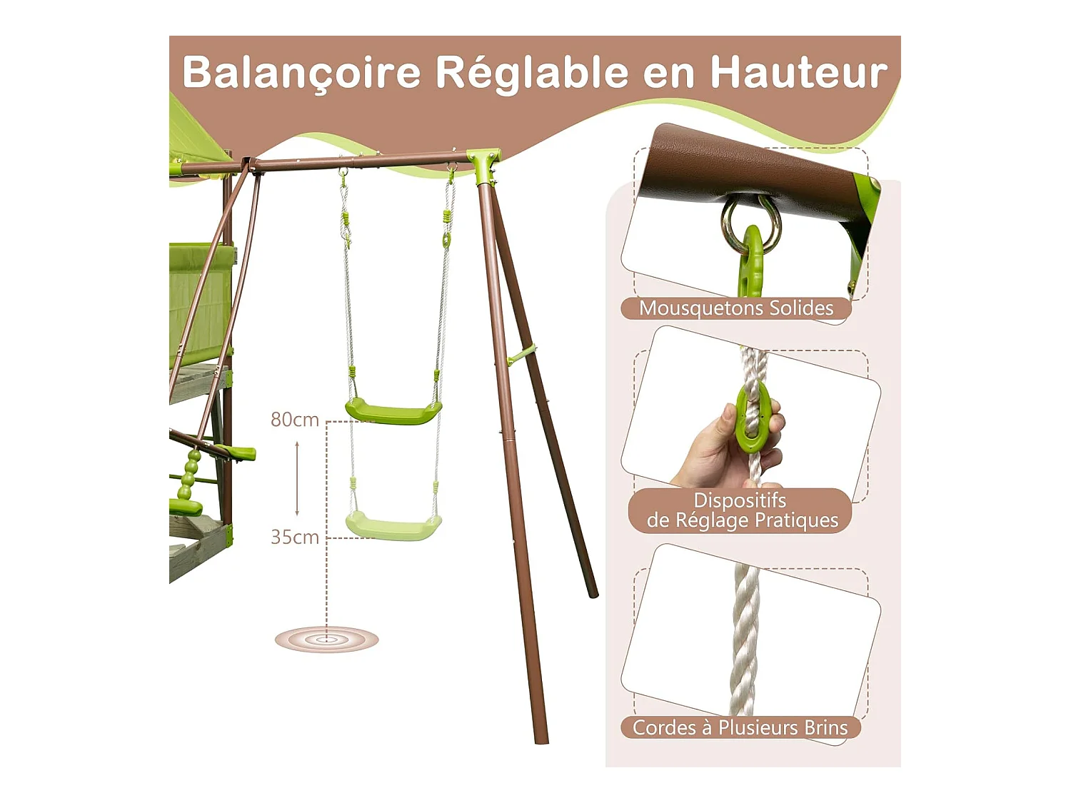 7-in-1 houten schommelspeeltuin met glijbaan en verstelbare schommel, klimtoren met overdekte cabine, ladder en zandbak, metalen frame voor tuin voor kinderen van 3 tot 12 jaar