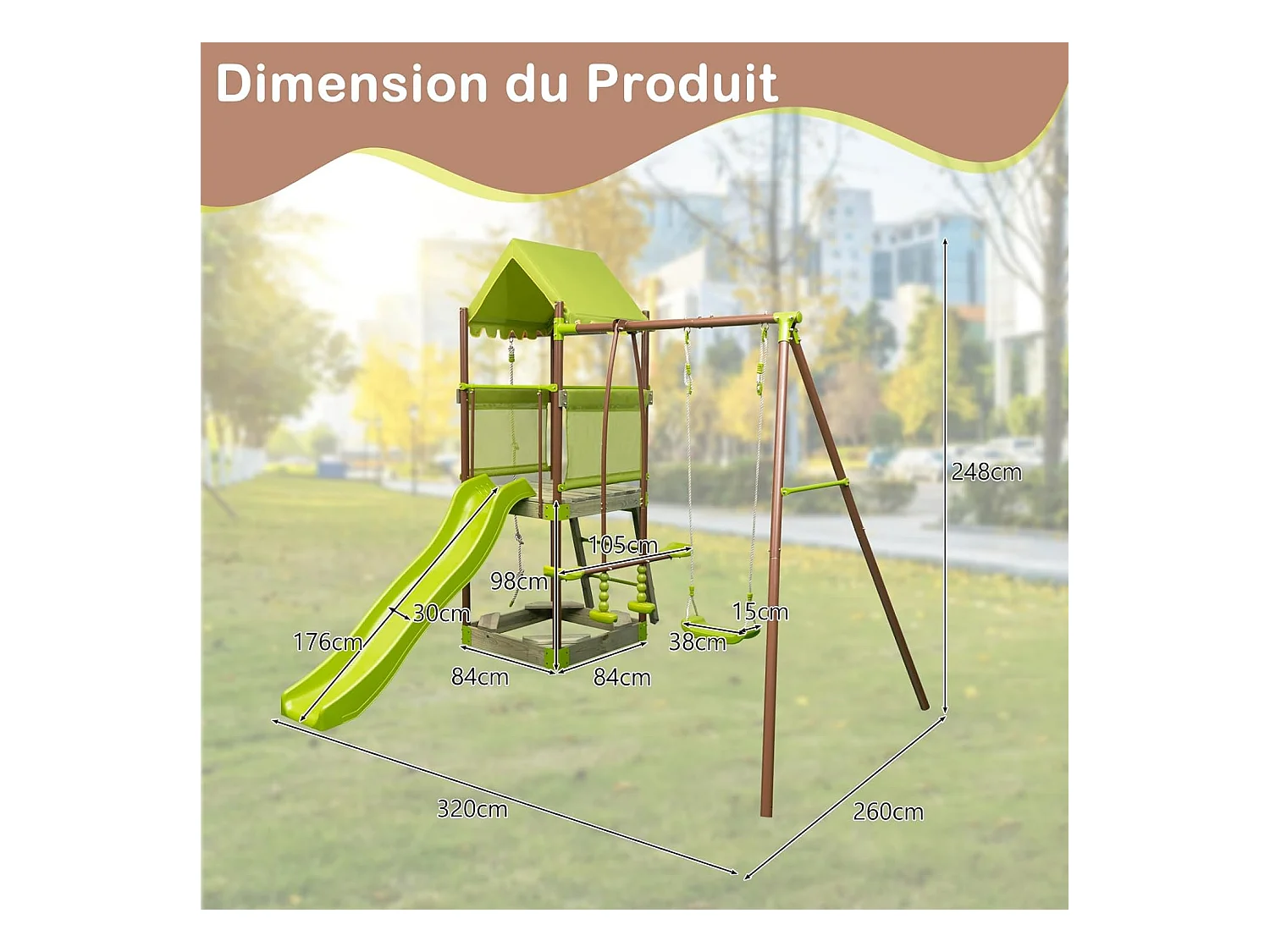 7-in-1 houten schommelspeeltuin met glijbaan en verstelbare schommel, klimtoren met overdekte cabine, ladder en zandbak, metalen frame voor tuin voor kinderen van 3 tot 12 jaar