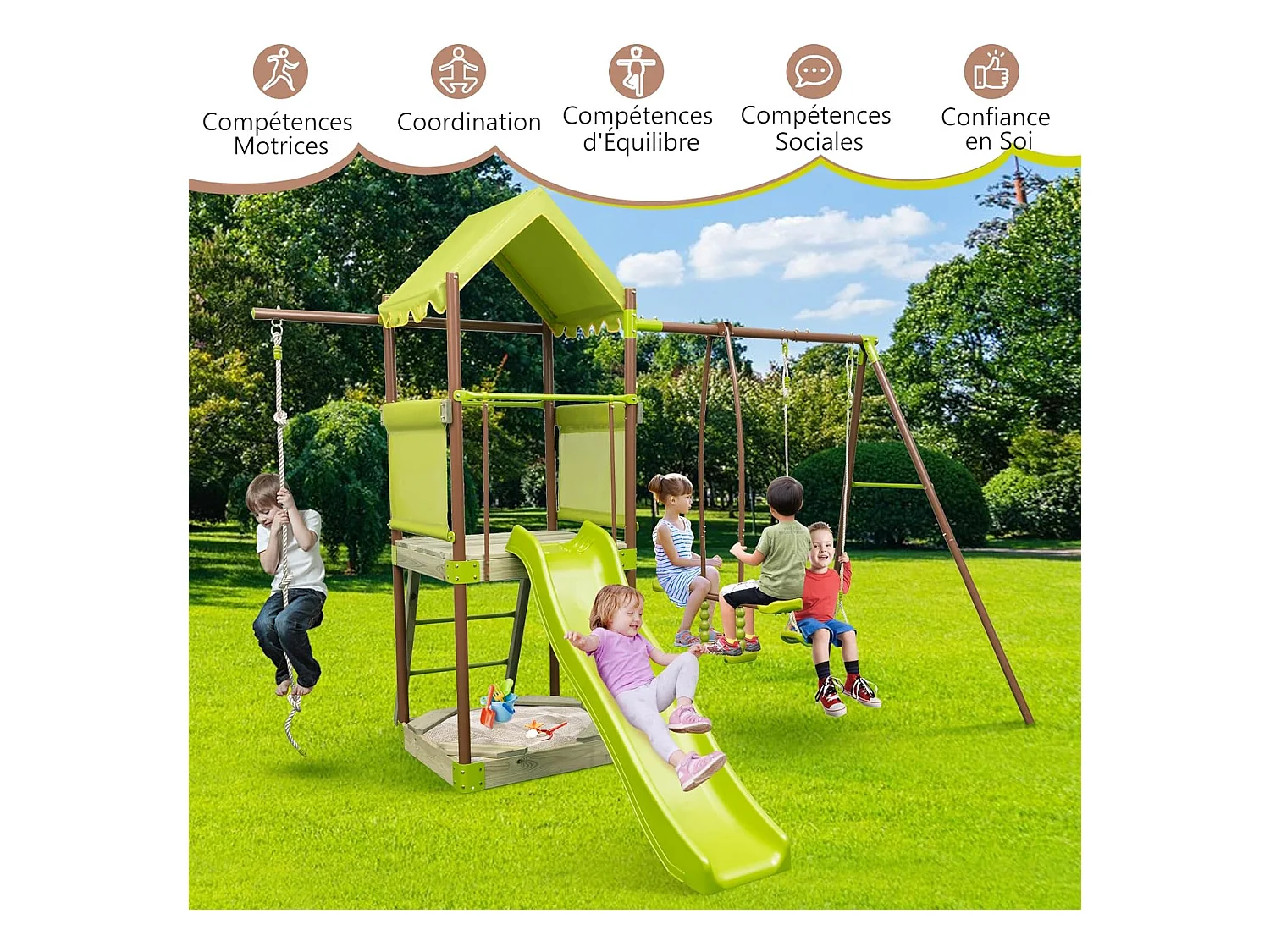 7-in-1 houten schommelspeeltuin met glijbaan en verstelbare schommel, klimtoren met overdekte cabine, ladder en zandbak, metalen frame voor tuin voor kinderen van 3 tot 12 jaar