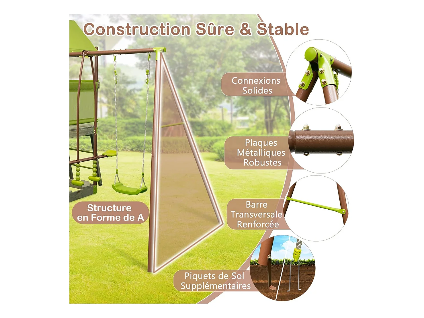 7-in-1 houten schommelspeeltuin met glijbaan en verstelbare schommel, klimtoren met overdekte cabine, ladder en zandbak, metalen frame voor tuin voor kinderen van 3 tot 12 jaar