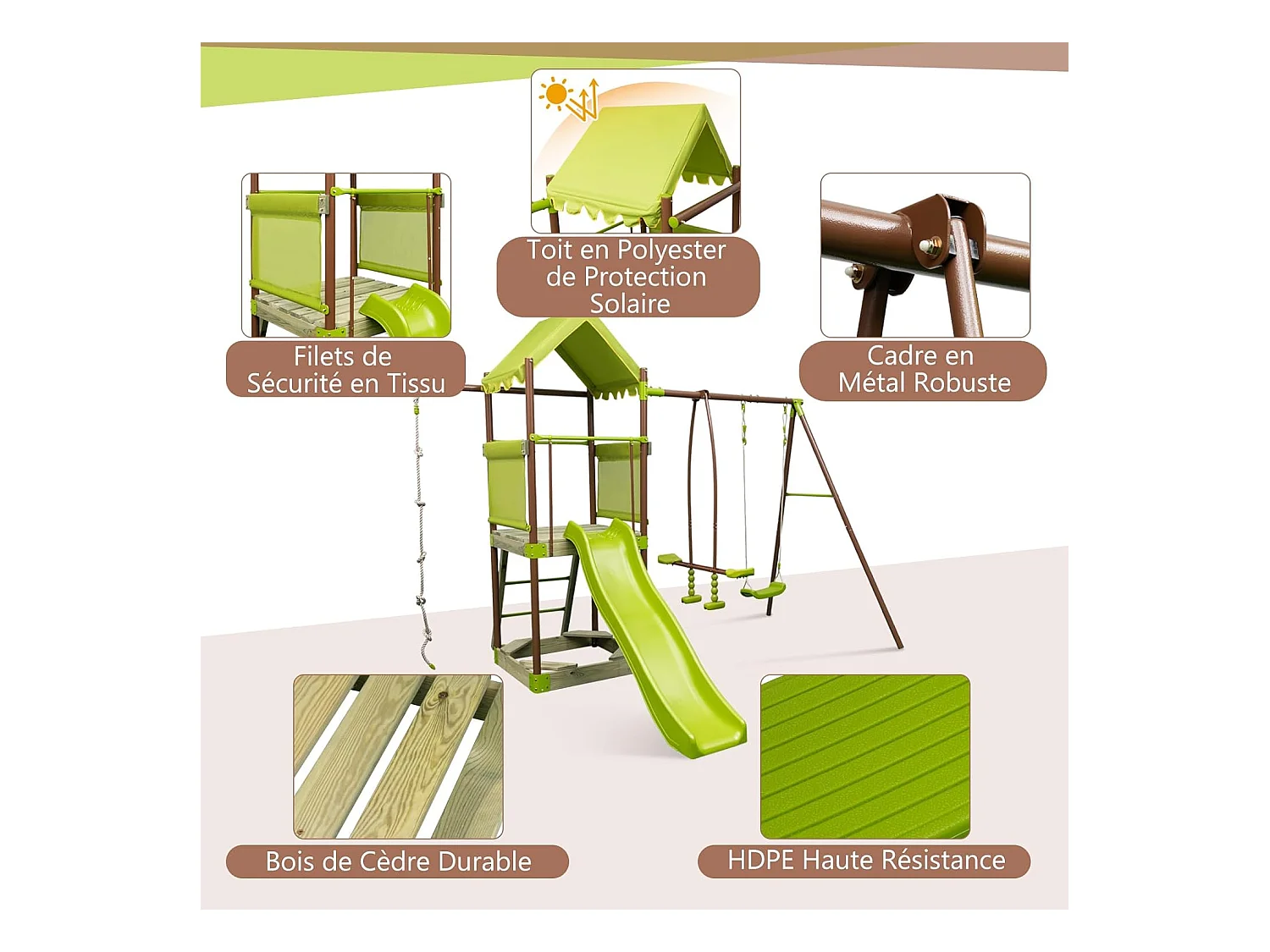 7-in-1 houten schommelspeeltuin met glijbaan en verstelbare schommel, klimtoren met overdekte cabine, ladder en zandbak, metalen frame voor tuin voor kinderen van 3 tot 12 jaar