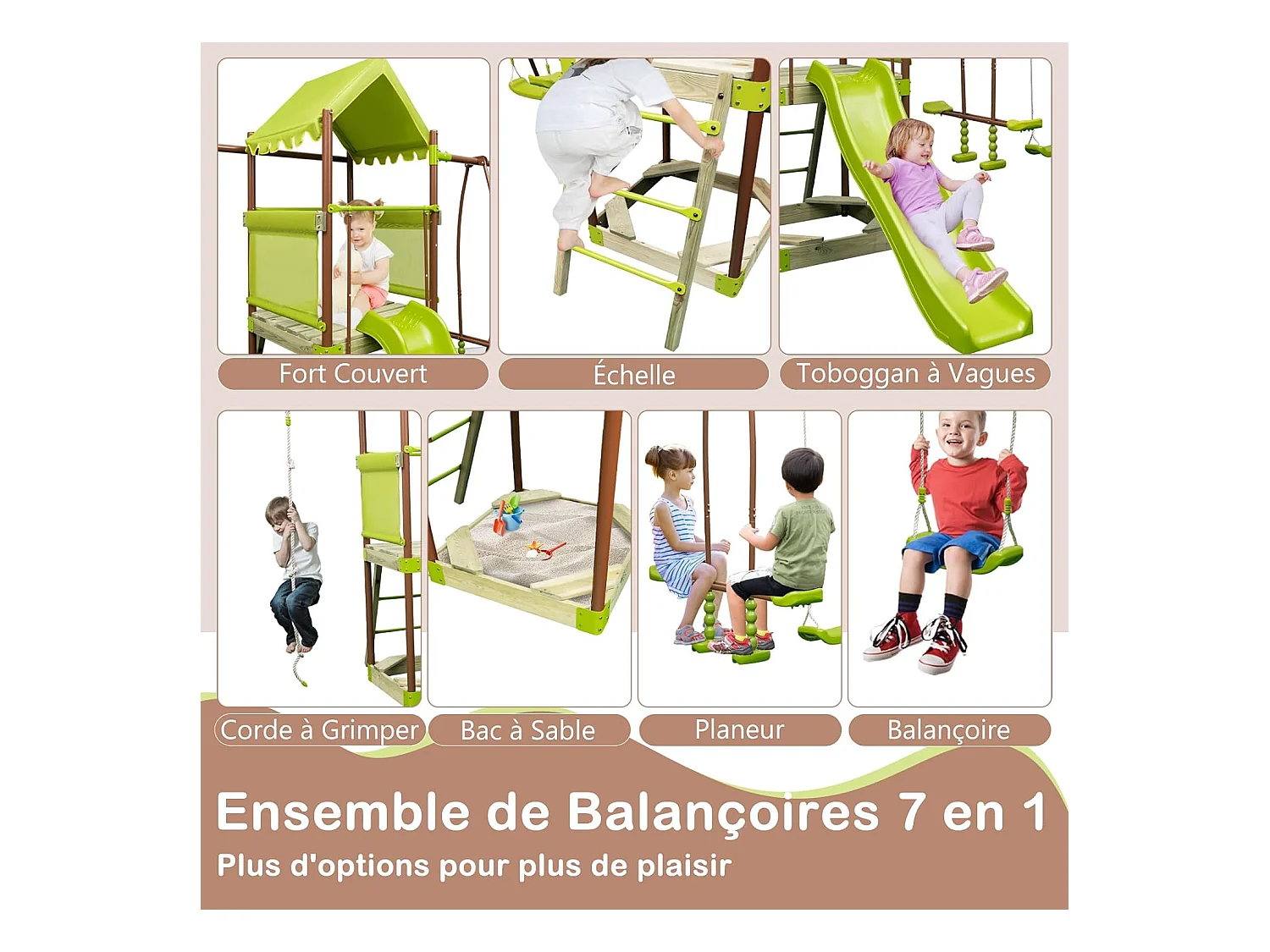 7-in-1 houten schommelspeeltuin met glijbaan en verstelbare schommel, klimtoren met overdekte cabine, ladder en zandbak, metalen frame voor tuin voor kinderen van 3 tot 12 jaar