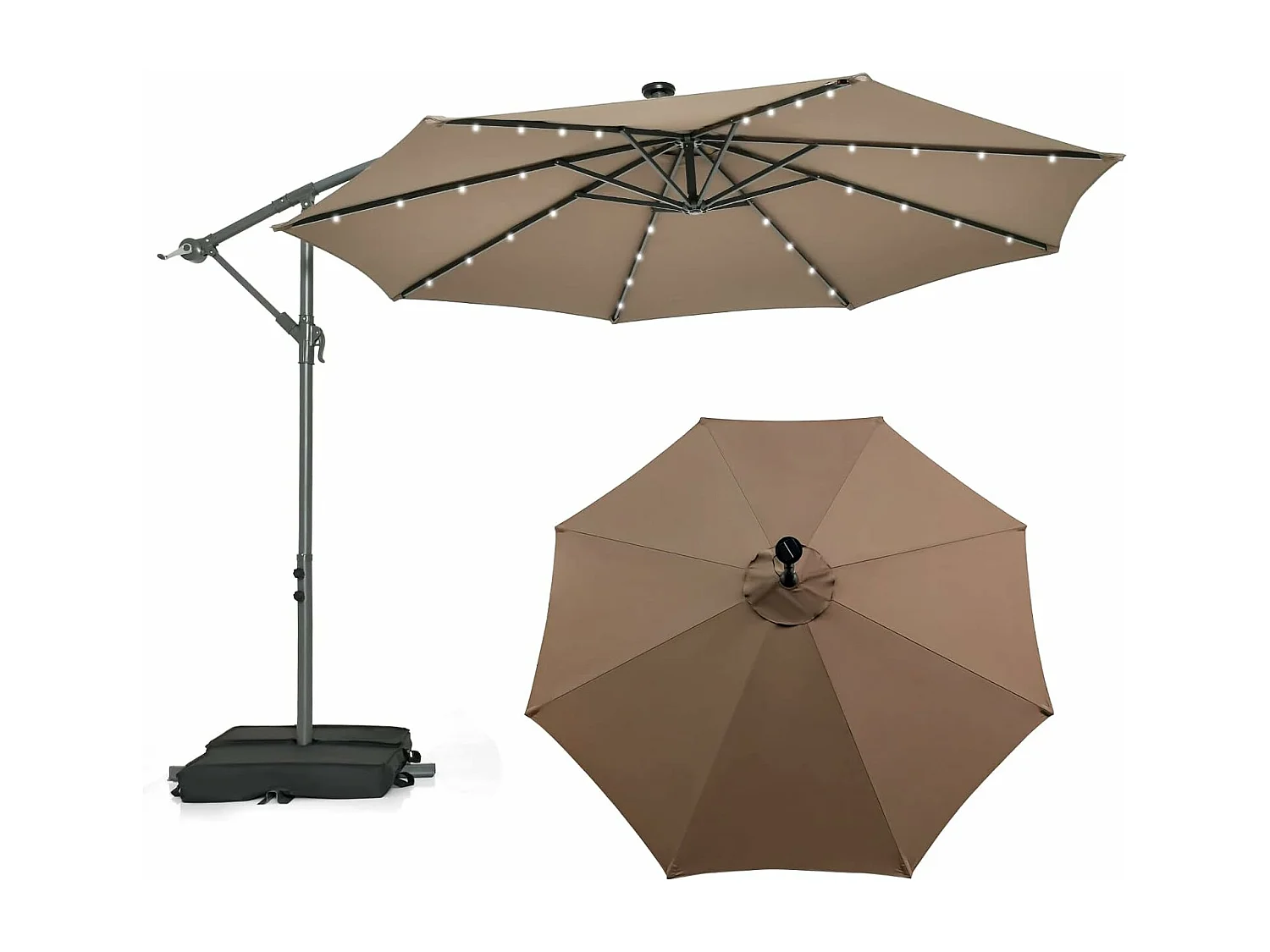 Parasol Déporté 3 x 3M, Grand Parasol de Jardin Extérieur Lumineux LED Solaire avec 2 Sacs de Sable, Base Croisée, Parasol Inclinable avec Manivelle, pour Balcon, Jardin, Terrasse Plage (Brun)