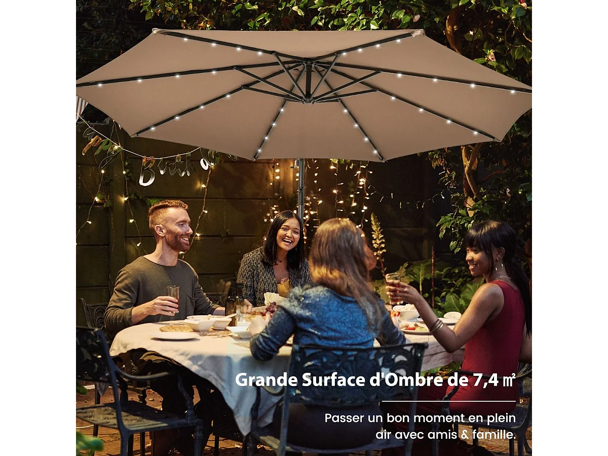 Parasol Déporté 3 x 3M, Grand Parasol de Jardin Extérieur Lumineux LED Solaire avec 2 Sacs de Sable, Base Croisée, Parasol Inclinable avec Manivelle, pour Balcon, Jardin, Terrasse Plage (Brun)