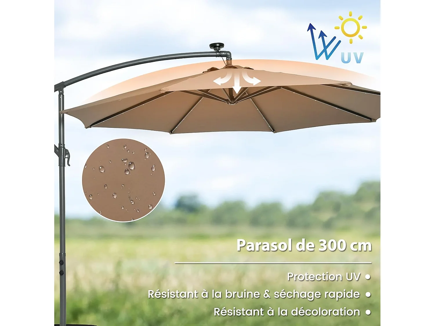 Parasol Déporté 3 x 3M, Grand Parasol de Jardin Extérieur Lumineux LED Solaire avec 2 Sacs de Sable, Base Croisée, Parasol Inclinable avec Manivelle, pour Balcon, Jardin, Terrasse Plage (Brun)