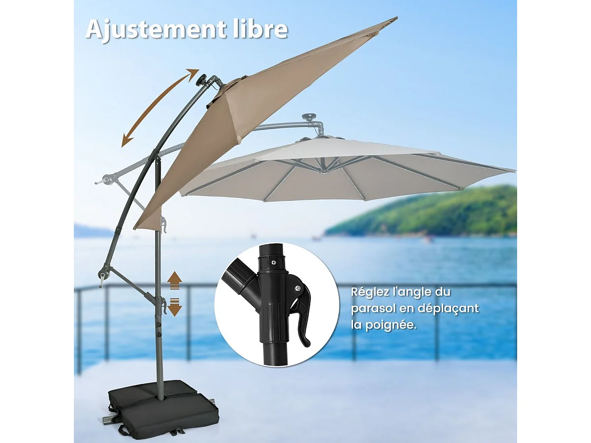 Parasol Déporté 3 x 3M, Grand Parasol de Jardin Extérieur Lumineux LED Solaire avec 2 Sacs de Sable, Base Croisée, Parasol Inclinable avec Manivelle, pour Balcon, Jardin, Terrasse Plage (Brun)